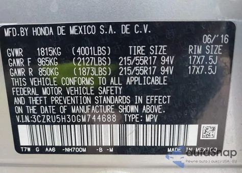 2016 Honda Hr-V Lx z USA, uszkodzony, nr VIN 3CZRU5H30GM744688